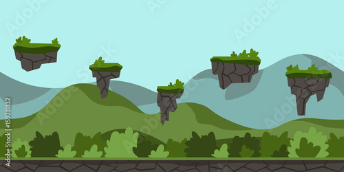 Seamless unending cartoon background for arcade game or animation. Green hilly landscape with bushes and flying Islands. Vector illustration, parallax ready.