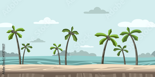 Seamless unending background for arcade game or animation. Sandy beach with palm trees and clouds in the blue sky. Vector illustration, parallax ready.