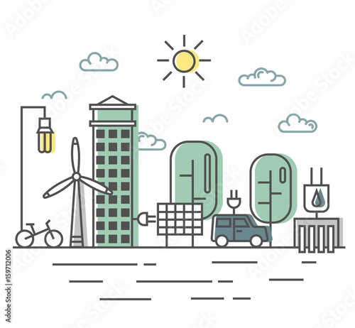 Energy saving and environmentally friendly technologies, alternative energy sources. City street in flat linear style with wind turbine, solar panel and electromobile.