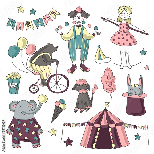 Traveling chapiteau circus. Set of circus performers, trained animals and circus props. Vector illustration on white background.