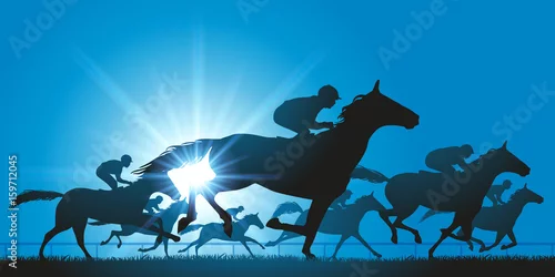 Obraz koń - koń wyścigowy - wyścig koni - tor wyścigowy - dżokej