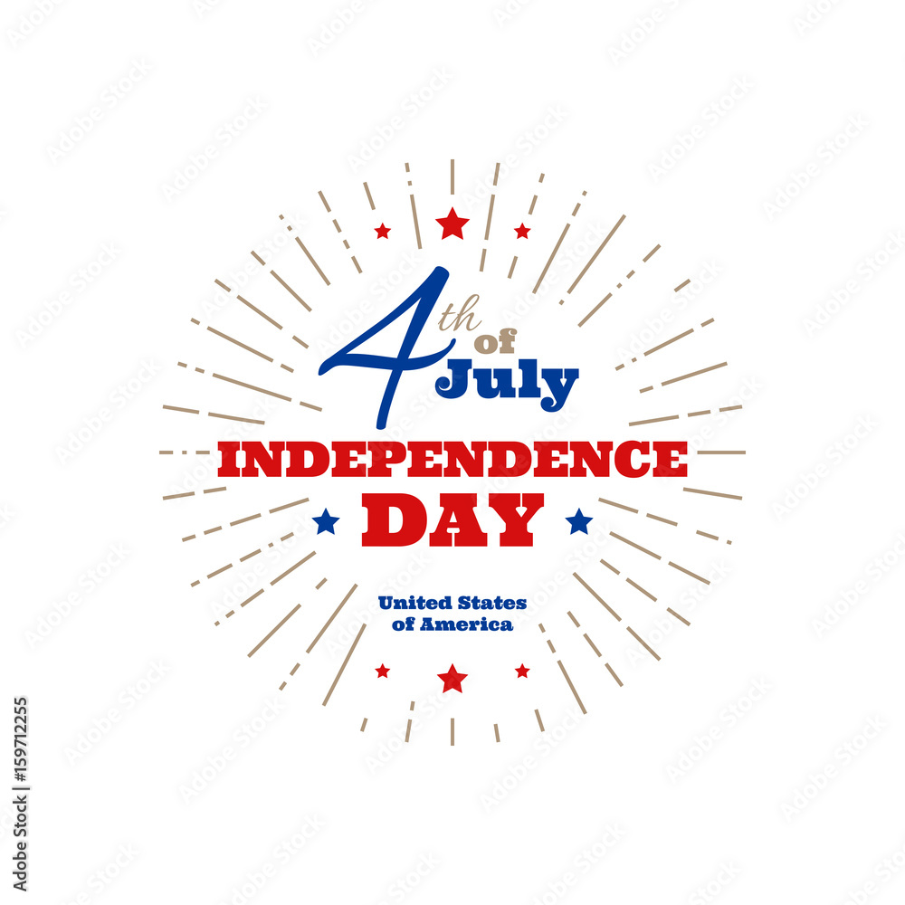 Independence Day in USA, July 4th. Greeting card or banner template, vector design element. Badge with text, red stars, sunburst and colorful stripes Independence Day in USA, July 4th. Greeting card or banner template, vector design element. Badge with text, red stars, sunburst and colorful stripes