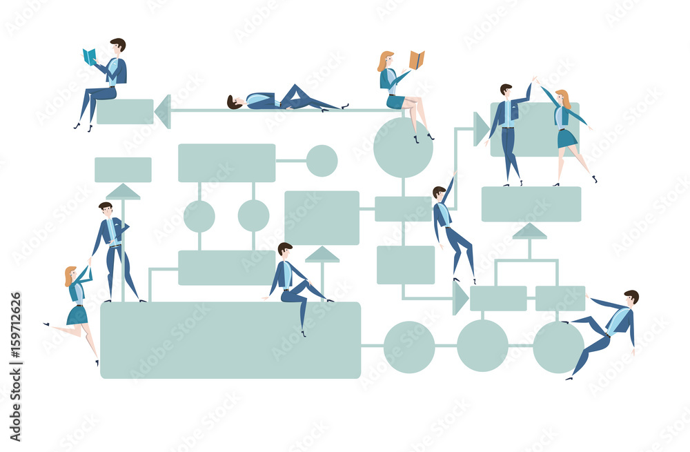 Business flowchart, process management diagram with businessmans and businesswomans characters. Vector illustration, isolated on white background.