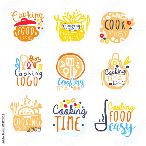Cooking food easy logo design, set of colorful hand drawn vector illustrations