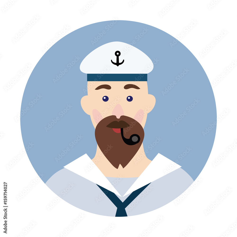 Portrait of a bearded sailor with Smoking pipe in his mouth. Vector illustration, isolated on white background.