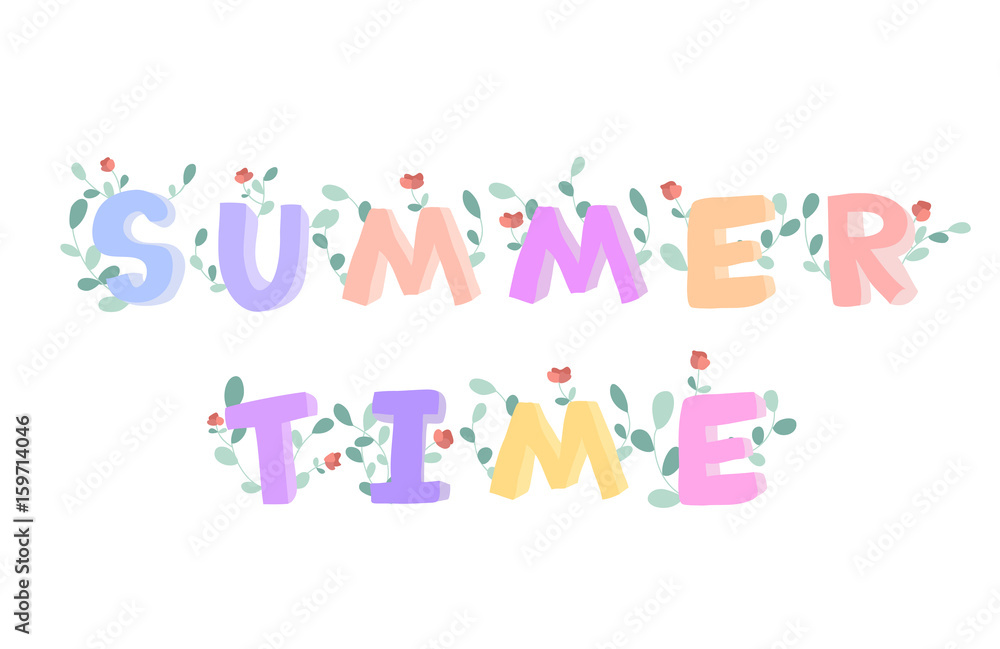 Summer time doodle lettering, decorated with flowers. Vector isolated illustration on white background.