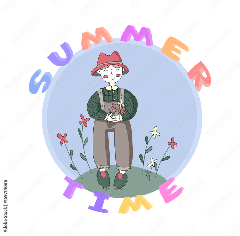 Cute cartoon gardener character and the flowers, vector illustration in simple style. Isolated on white background. Cute cartoon gardener character and the flowers, vector illustration in simple style. Isolated on white background.