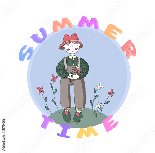 Cute cartoon gardener character and the flowers, vector illustration in simple style. Isolated on white background.
