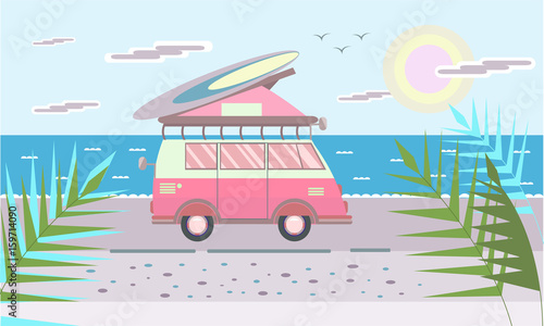 Pink mini van with surf Board on the roof on the sea beach. Vector illustration in flat style.