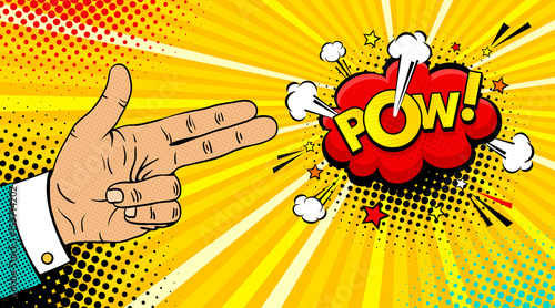 Pop art background with male hand with two fingers like a revolver and Pow dynamic speech bubble on dots background. Vector colorful hand drawn illustration in retro comic pop art style.