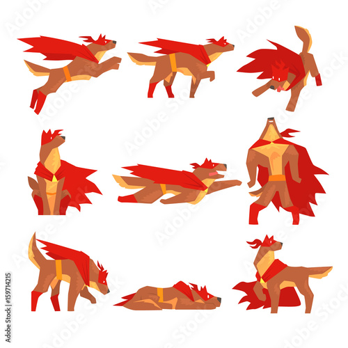 Dog superhero character set, dog in different poses with red cape vector Illustrations