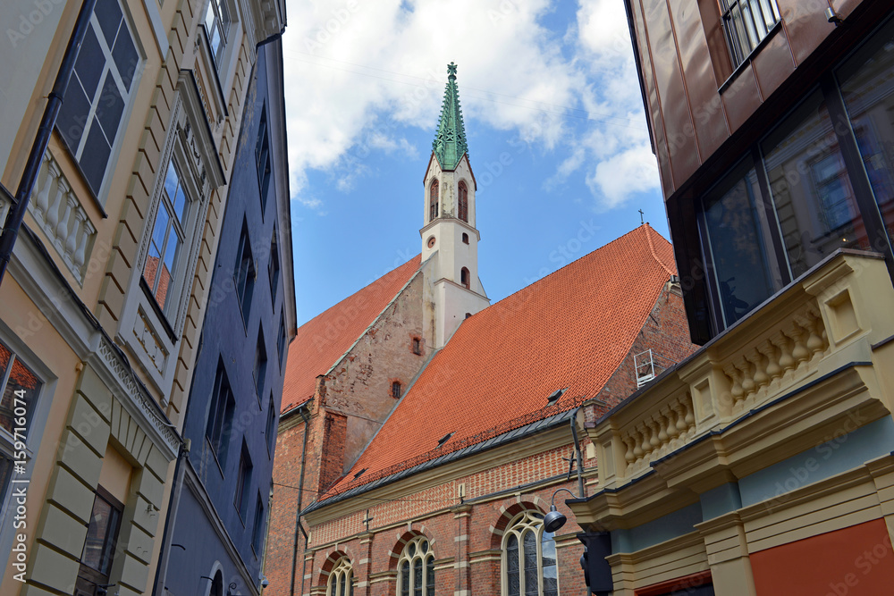 Vintage buildings illustrating Art Nouveau Architecture in medieval Old Town in Riga Latvia, a country once part of Soviet Union, Germany and the United Kingdom at various points in time.