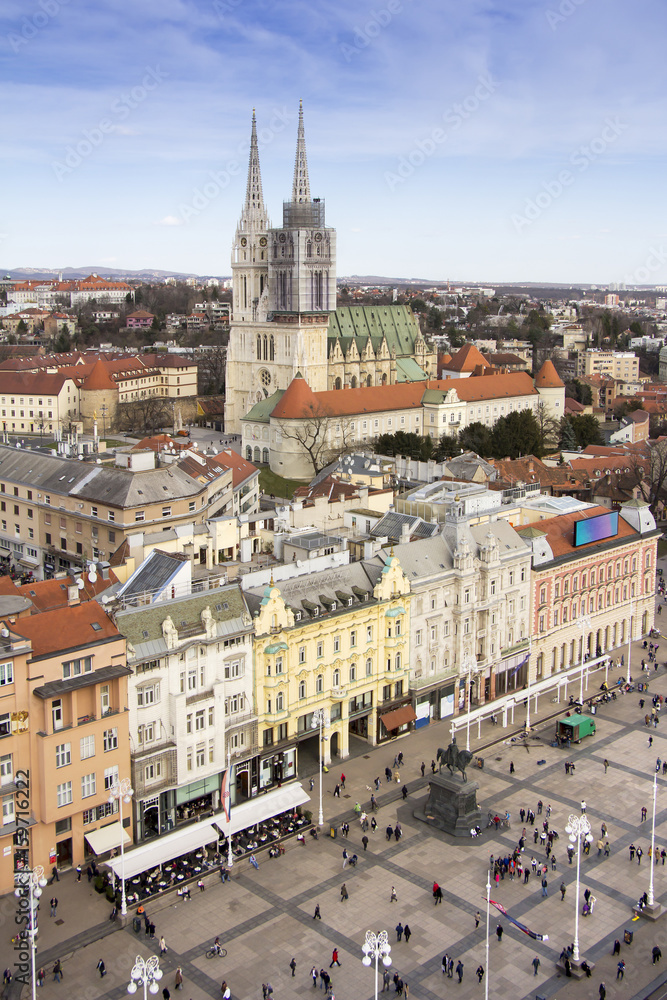 Fototapeta premium Aerial view at Ban Jelacic Square in Zagreb capital town of Croatia