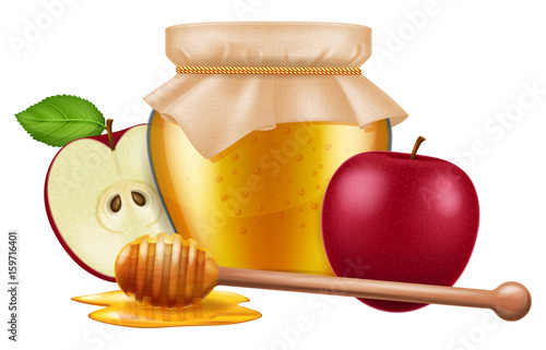 Jar of honey and wooden dipper and apple. Traditional celebration food for the Jewish New Year, Rosh Hashana. Vector illustration.