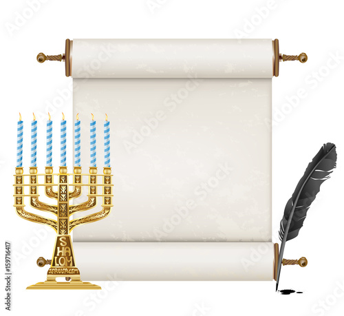 black feather, golden menorah and ancient jewish scroll on white