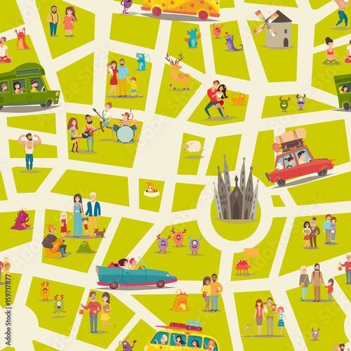 Abstract map seamless vector background. Animals, musicians on the park and people on the bus. Abstract wallpaper for children. Travel by car, open air yoga and other activity on background