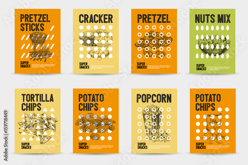 Vector hand drawn snack and junk food cards set.