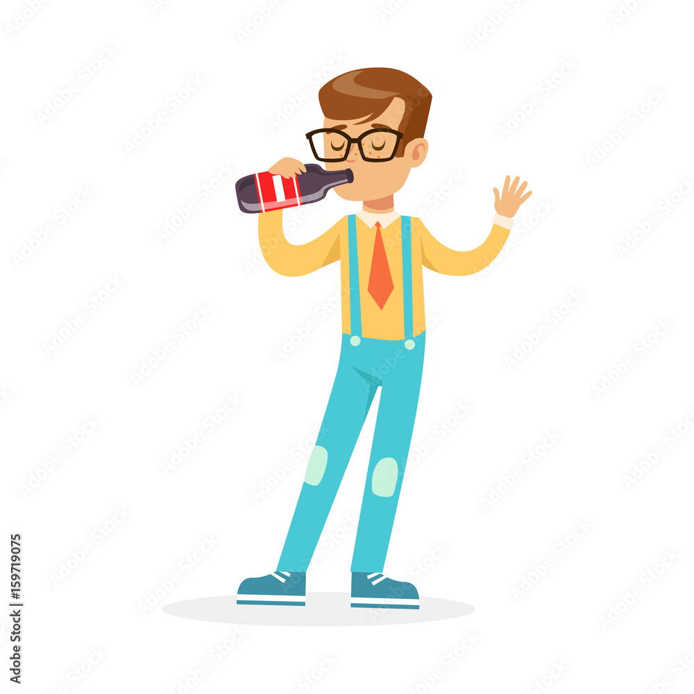 Cute boy drinking soda from a bottle, colorful character vector Illustration