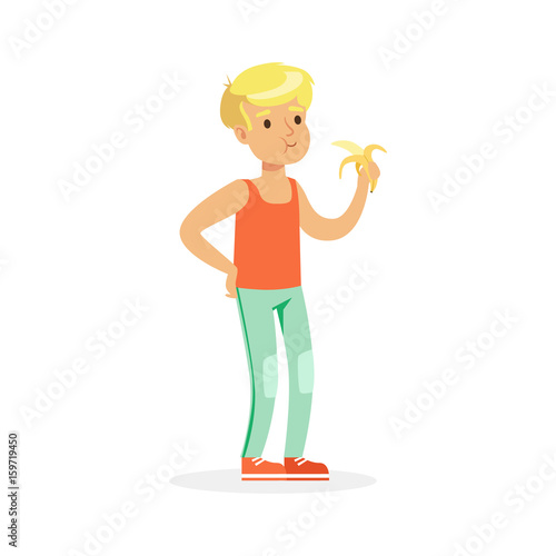 Cute blonde boy eating banana fruit, colorful character vector Illustration
