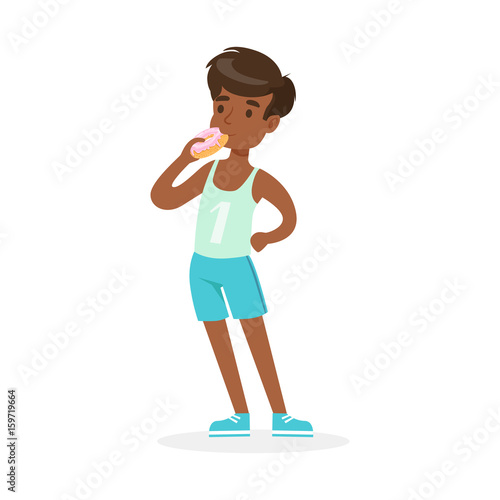 Cute boy eating donut, colorful character vector Illustration