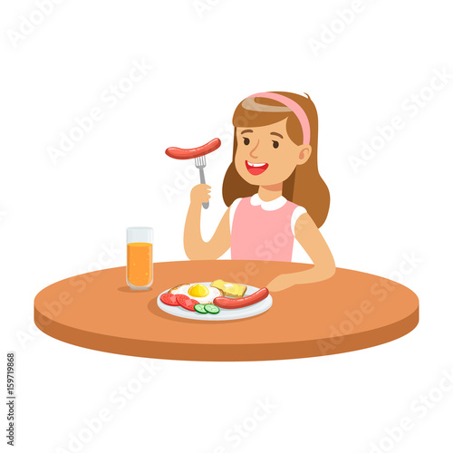 Cute girl eating sausage while having breakfast in the kitchen, colorful character vector Illustration