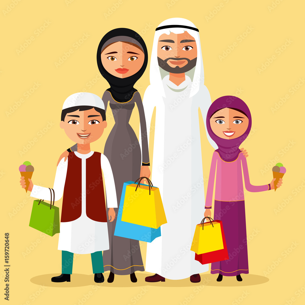 Vector illustration arabian man, woman and children shopping flat cartoon vector illustration