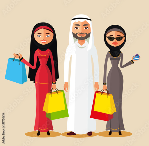 Arabic couple holding gifts and shopping bags Flat vector illustration.
