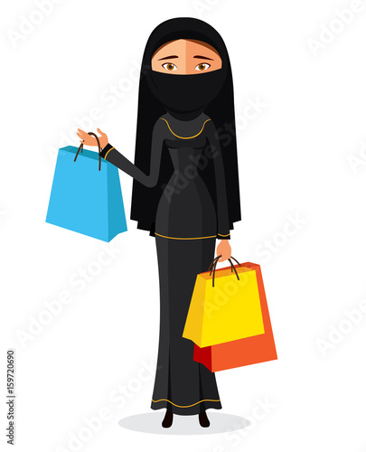 Arabic woman with shopping bags flat cartoon vector illustration isolated on a white background.