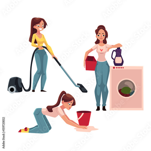 Young woman, housewife doing chores - washing and vacuum cleaning the floor, cartoon vector illustration isolated on white background. Womanw ashing clothes, girl cleaning her house, ironing