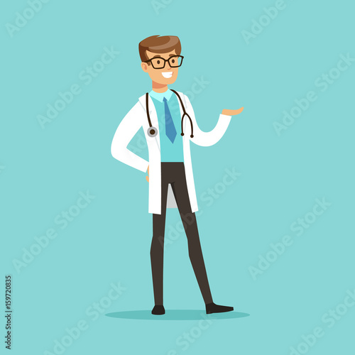 Cheerful male doctor character standing vector Illustration