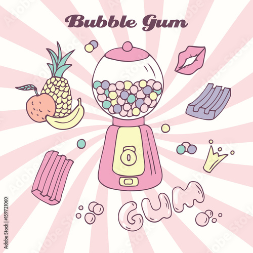 Hand drawn bubble gum machine with gumballs, bubblegum and handwritten sign. Candy color background