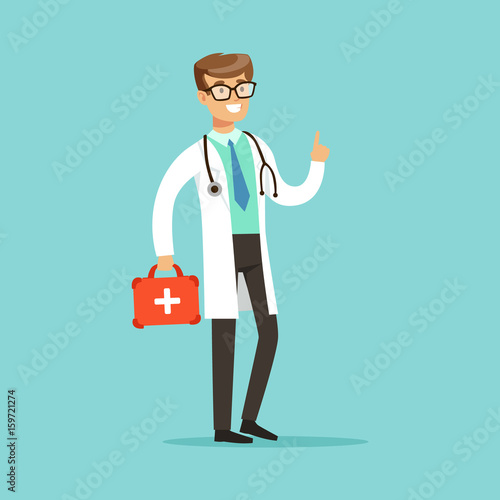 Smiling male doctor character standing and holding first aid box vector Illustration