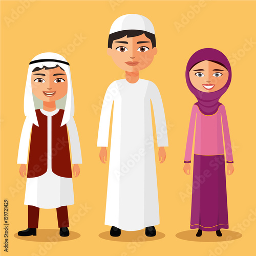 Arab children standing cartoon vector illustration.