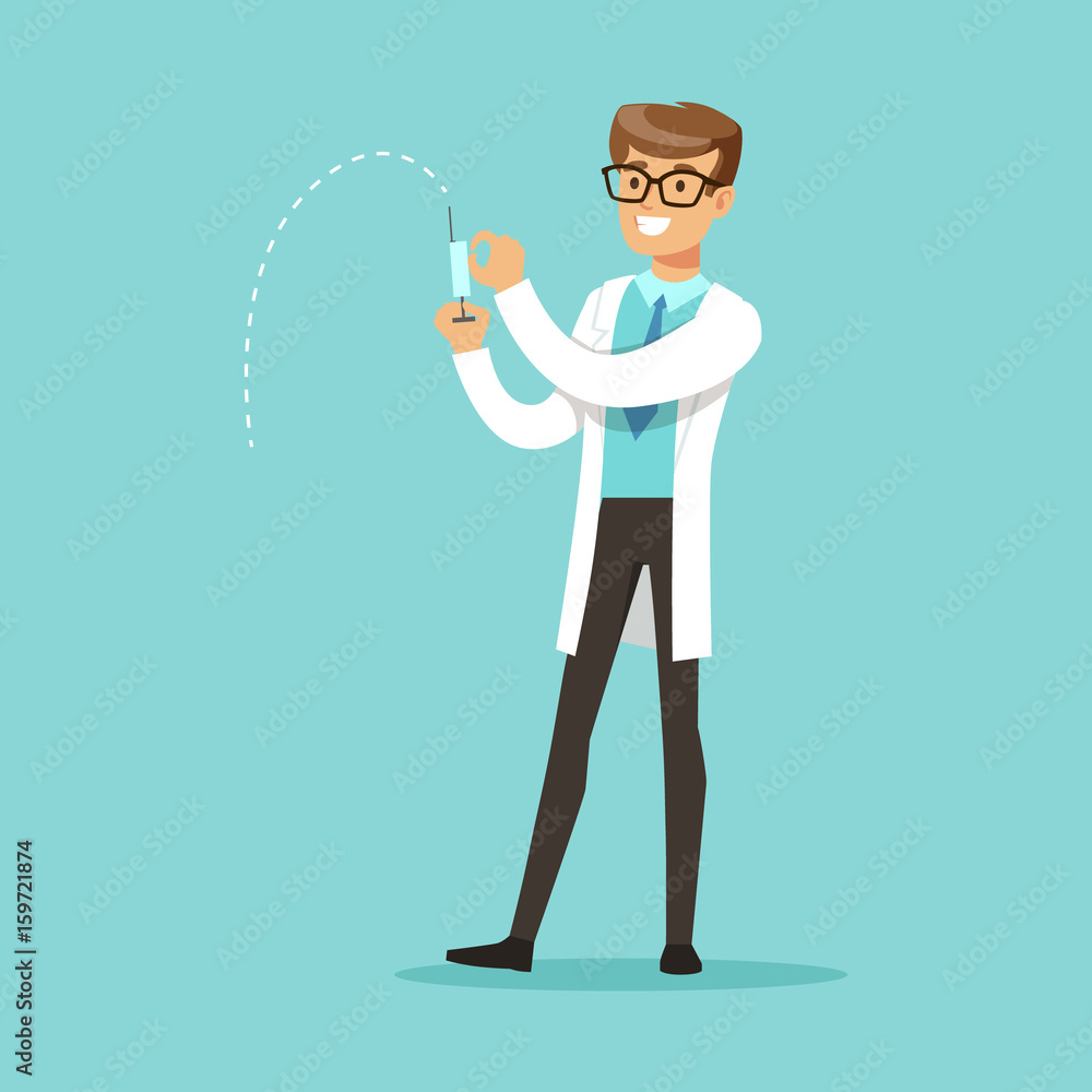 Smiling male doctor character standing and holding syringe vector Illustration Smiling male doctor character standing and holding syringe vector Illustration