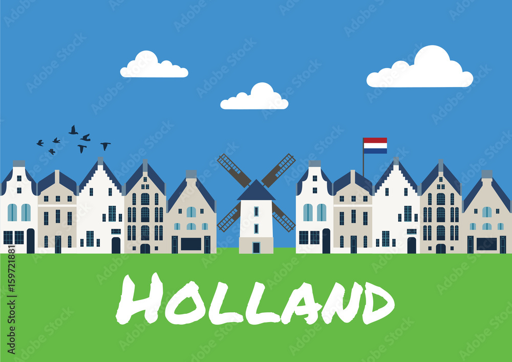Vector illustration with traditional dutch houses and mills