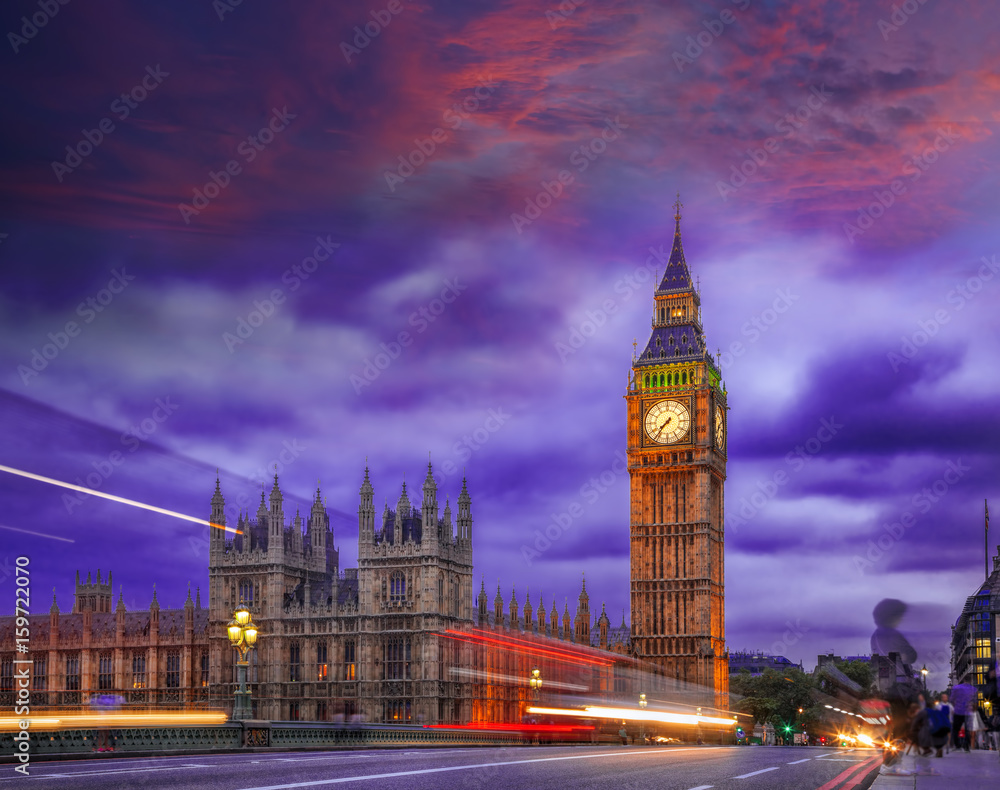 Big Ben during colorful evening in London, England, UK