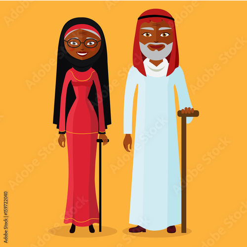 Vector of arab adult man and woman Illustration arab old people standing together and happy muslim grandmother and grandfather