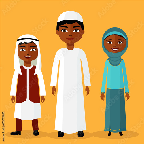 Muslim Kids young arab boys and girl standing together and smiles flat vector illustration. cartoon saudi kid.