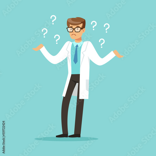 Thoughtful doctor character having many questions vector Illustration