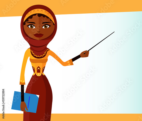 Arab saudi muslim young lady presenting something flat cartoon vector illustration isolated on background