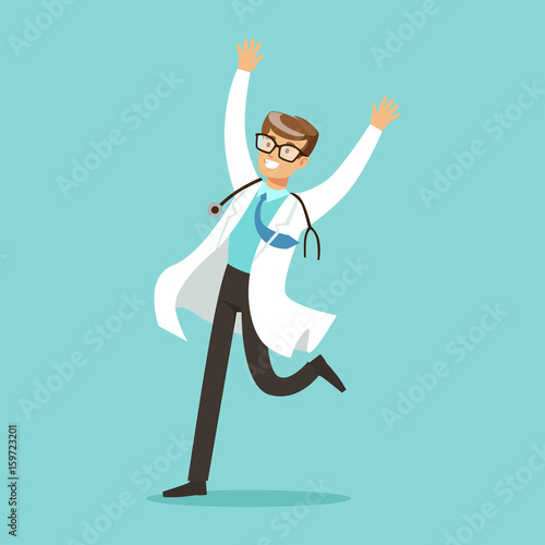 Happy doctor character jumping with arms raised vector Illustration