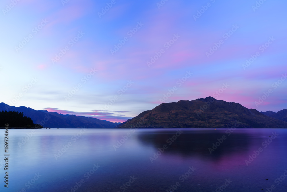 Lake Wakatipu in twilight at dawn , Queenstown , South Island of New Zealand