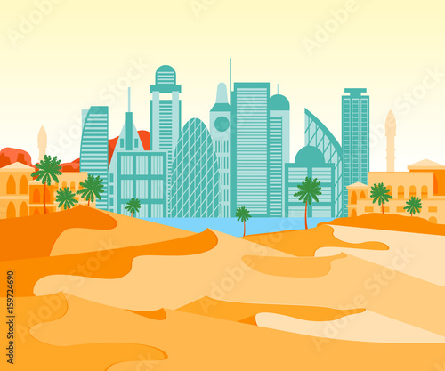 Cartoon Arab City on a Landscape Background. Vector