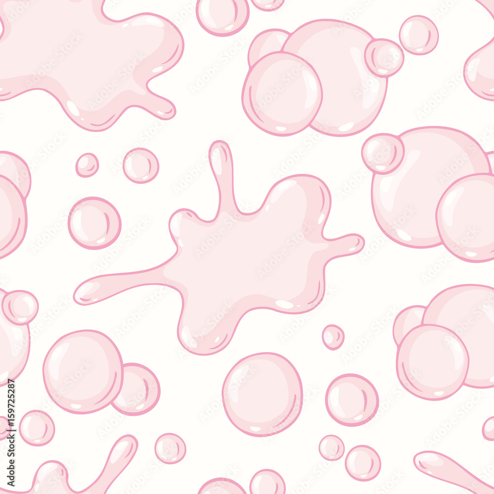 Hand drawn pink bubble gum seamless pattern with burst. Sweet candy background