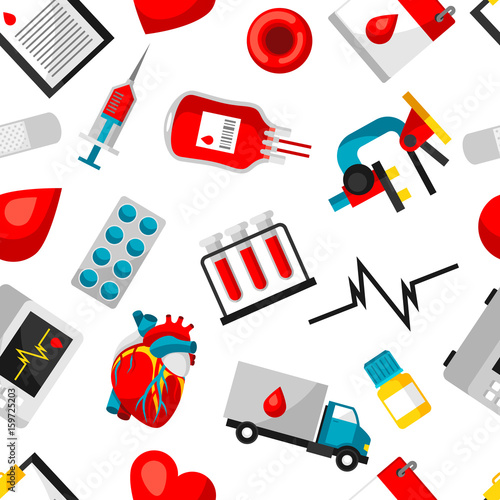 Seamless pattern with blood donation items. Medical and health care objects