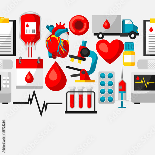 Seamless pattern with blood donation items. Medical and health care objects