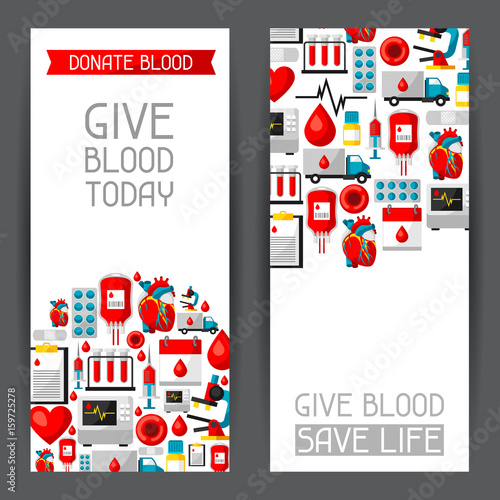Banners with blood donation items. Medical and health care objects