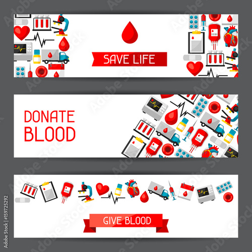 Banners with blood donation items. Medical and health care objects
