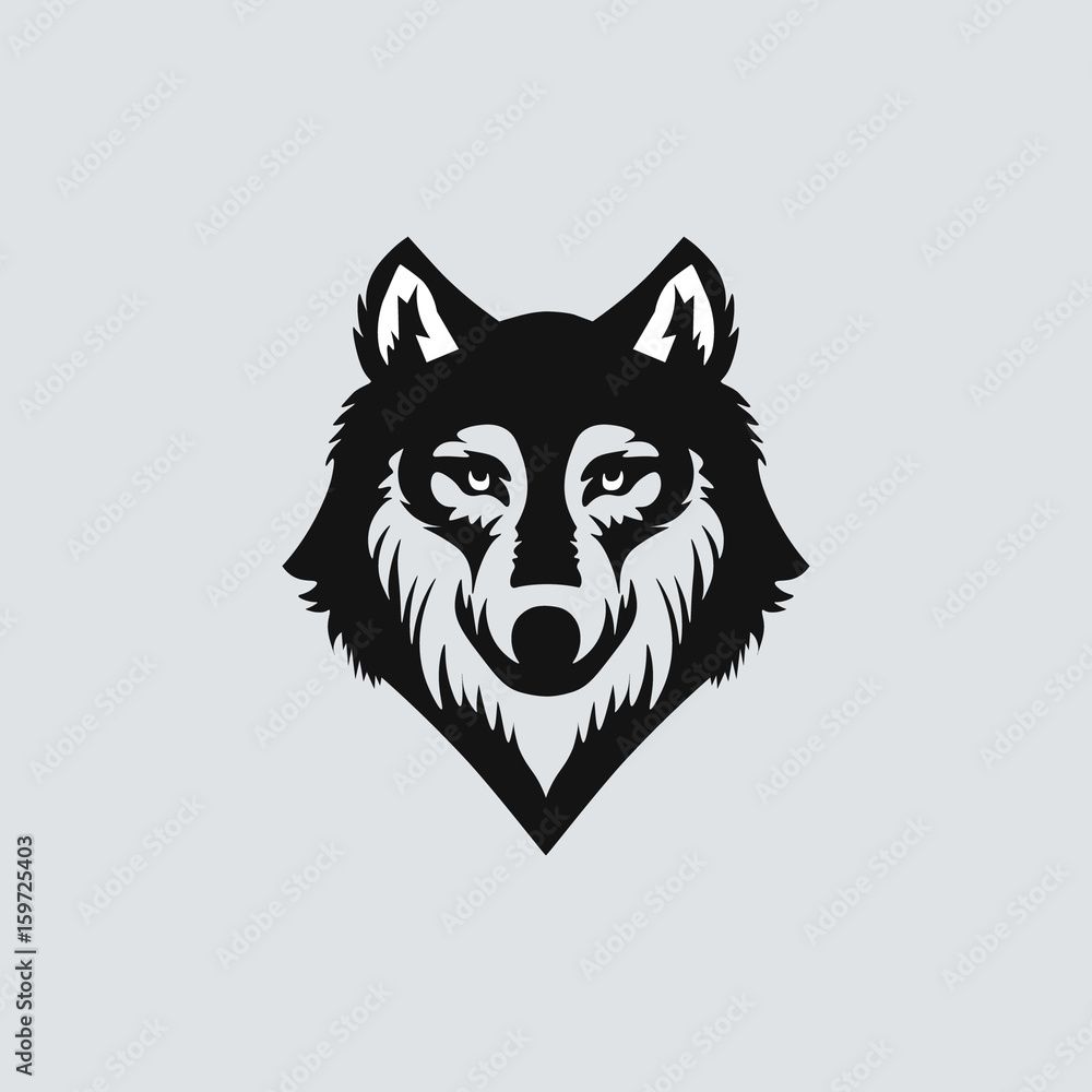 Naklejka premium Głowa wilka czarna sylwetka na jednolitym tle. Ilustracji wektorowych.