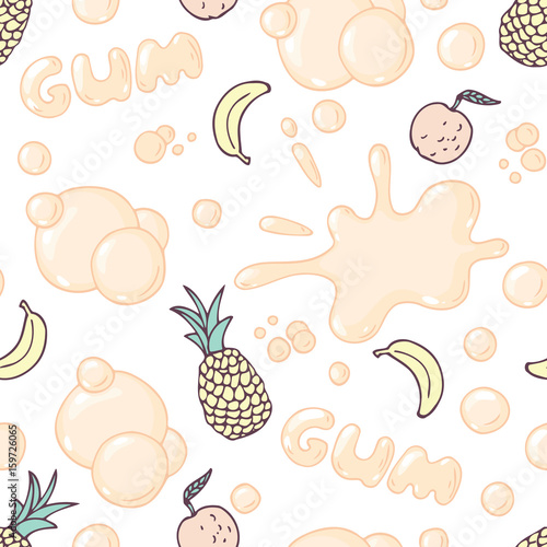 Seamless pattern with hand drawn bubble gum. Multifruit flavor. Food background